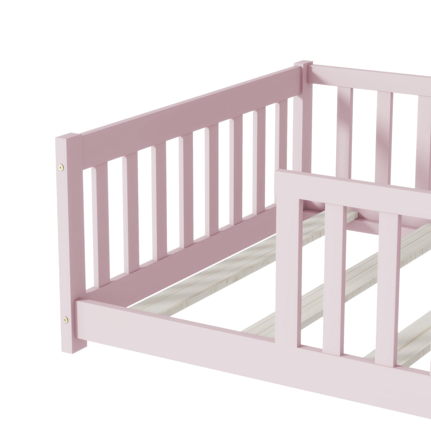 Twin Size Floor Bed with Fence without Door, Rubber Wood Floor Bed with Safety Guardrails,Pink - 1st Choice Furniture Direct