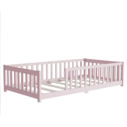 Twin Size Floor Bed with Fence without Door, Rubber Wood Floor Bed with Safety Guardrails,Pink - 1st Choice Furniture Direct