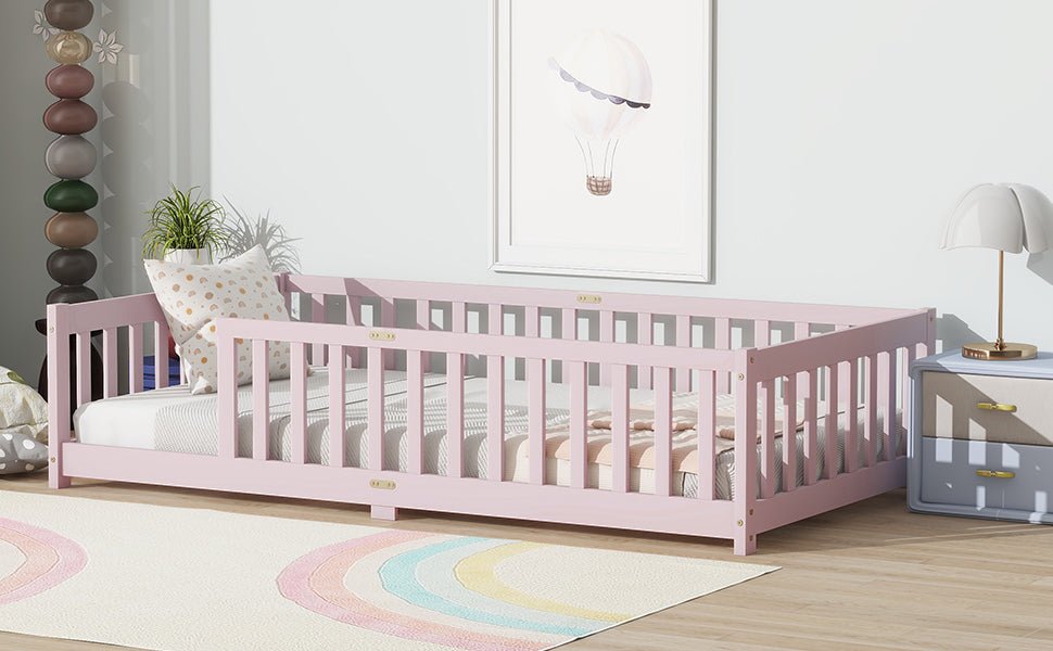 Twin Size Floor Bed with Fence without Door, Rubber Wood Floor Bed with Safety Guardrails,Pink - 1st Choice Furniture Direct