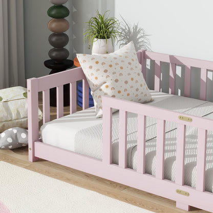 Twin Size Floor Bed with Fence without Door, Rubber Wood Floor Bed with Safety Guardrails,Pink - 1st Choice Furniture Direct
