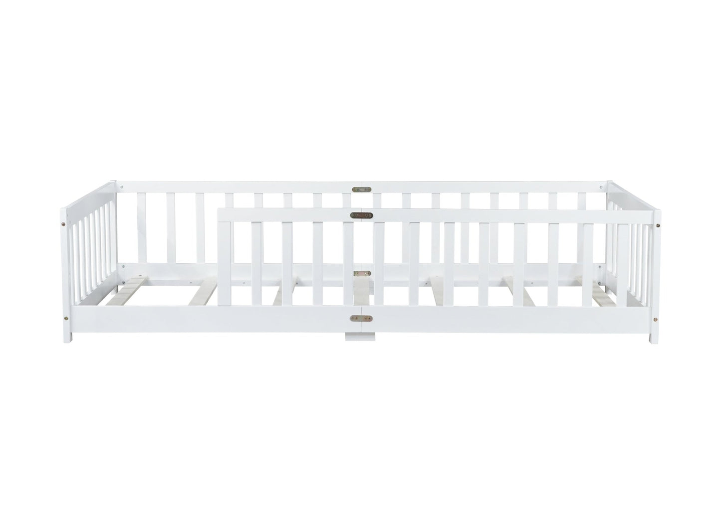 Twin Size Floor Bed with Fence without Door, Rubber Wood Floor Bed with Safety Guardrails,White - 1st Choice Furniture Direct