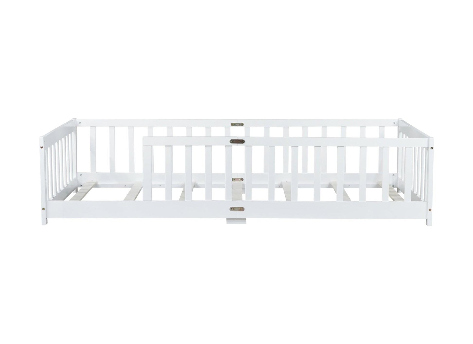 Twin Size Floor Bed with Fence without Door, Rubber Wood Floor Bed with Safety Guardrails,White - 1st Choice Furniture Direct