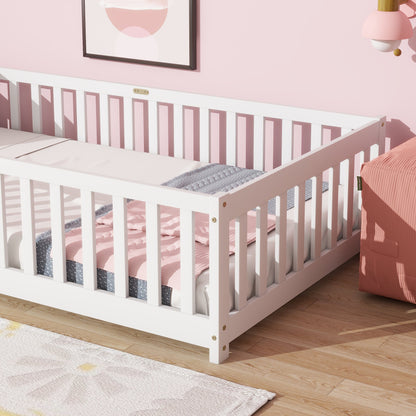 Twin Size Floor Bed with Fence without Door, Rubber Wood Floor Bed with Safety Guardrails,White - 1st Choice Furniture Direct