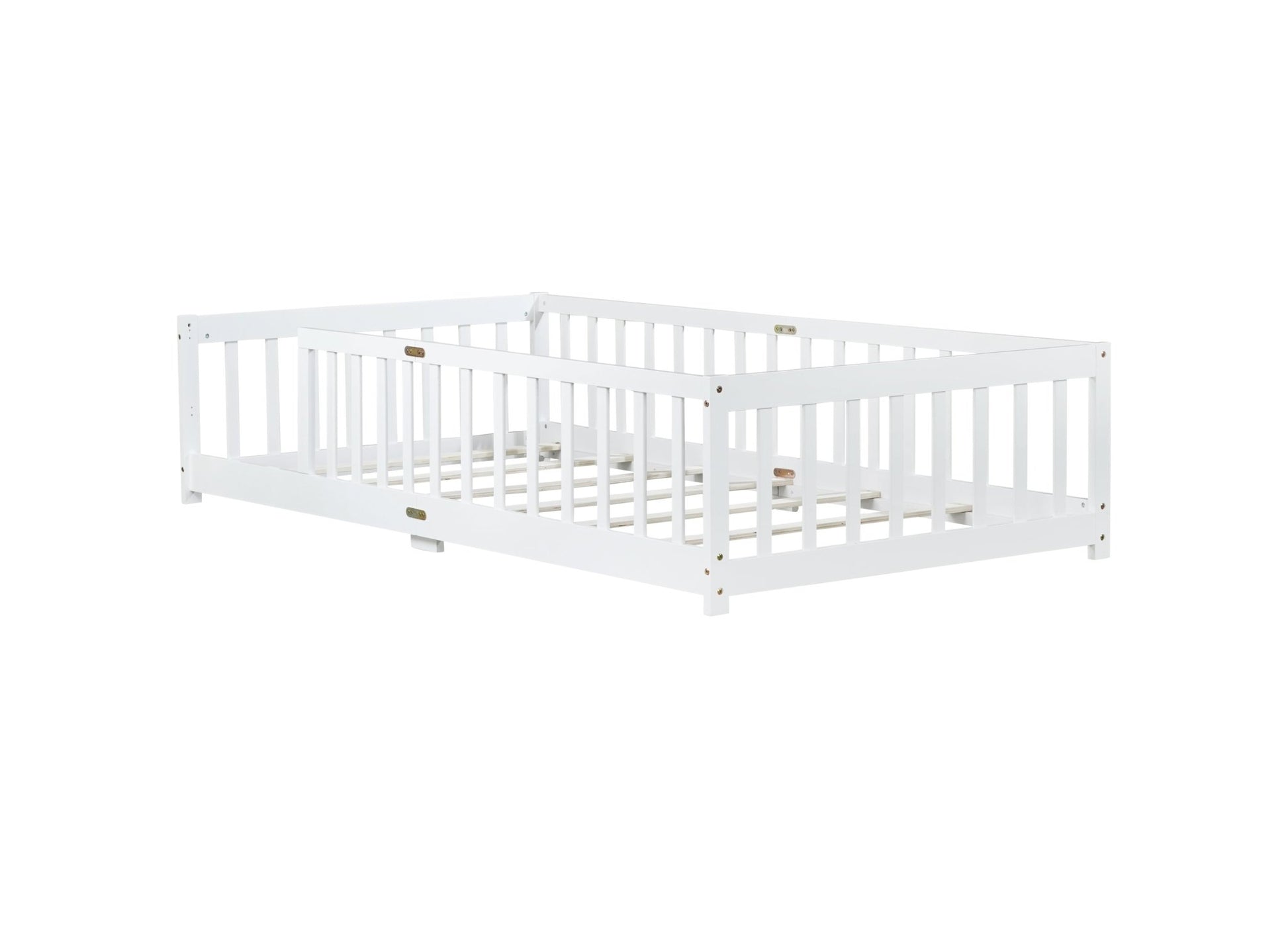 Twin Size Floor Bed with Fence without Door, Rubber Wood Floor Bed with Safety Guardrails,White - 1st Choice Furniture Direct