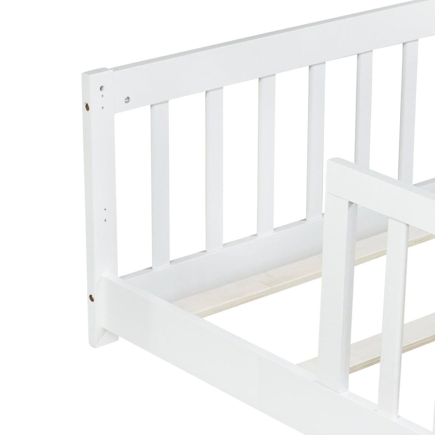 Twin Size Floor Bed with Fence without Door, Rubber Wood Floor Bed with Safety Guardrails,White - 1st Choice Furniture Direct