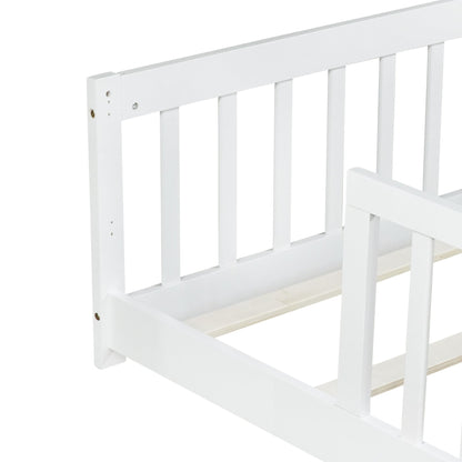 Twin Size Floor Bed with Fence without Door, Rubber Wood Floor Bed with Safety Guardrails,White - 1st Choice Furniture Direct