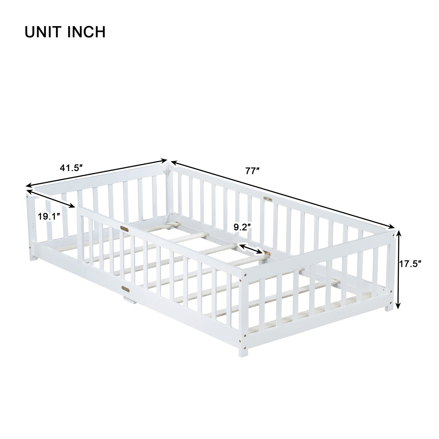 Twin Size Floor Bed with Fence without Door, Rubber Wood Floor Bed with Safety Guardrails,White - 1st Choice Furniture Direct