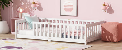 Twin Size Floor Bed with Fence without Door, Rubber Wood Floor Bed with Safety Guardrails,White - 1st Choice Furniture Direct
