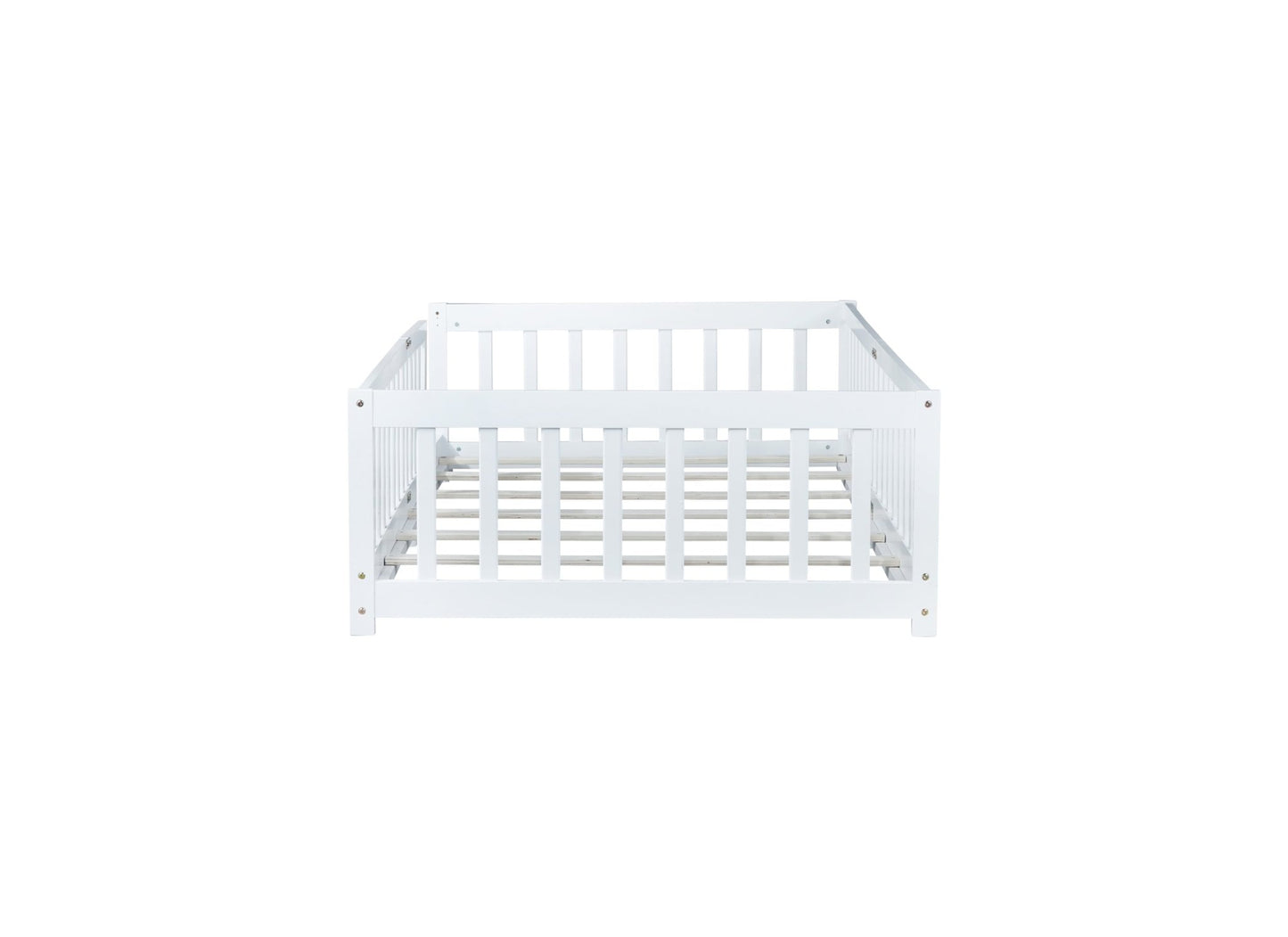 Twin Size Floor Bed with Fence without Door, Rubber Wood Floor Bed with Safety Guardrails,White - 1st Choice Furniture Direct
