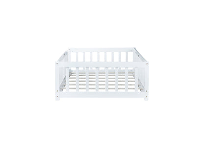 Twin Size Floor Bed with Fence without Door, Rubber Wood Floor Bed with Safety Guardrails,White - 1st Choice Furniture Direct