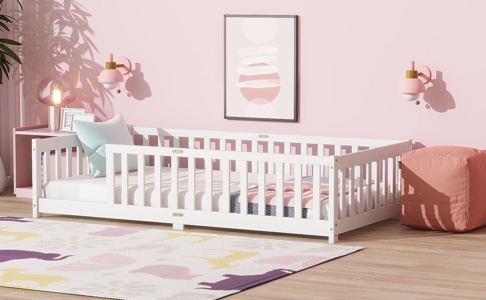 Twin Size Floor Bed with Fence without Door, Rubber Wood Floor Bed with Safety Guardrails,White - 1st Choice Furniture Direct