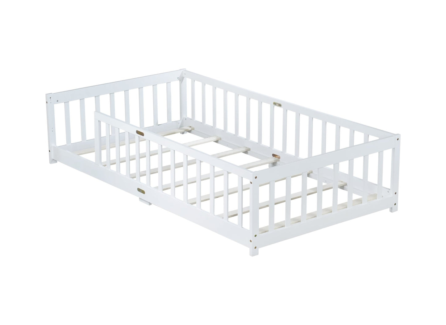 Twin Size Floor Bed with Fence without Door, Rubber Wood Floor Bed with Safety Guardrails,White - 1st Choice Furniture Direct