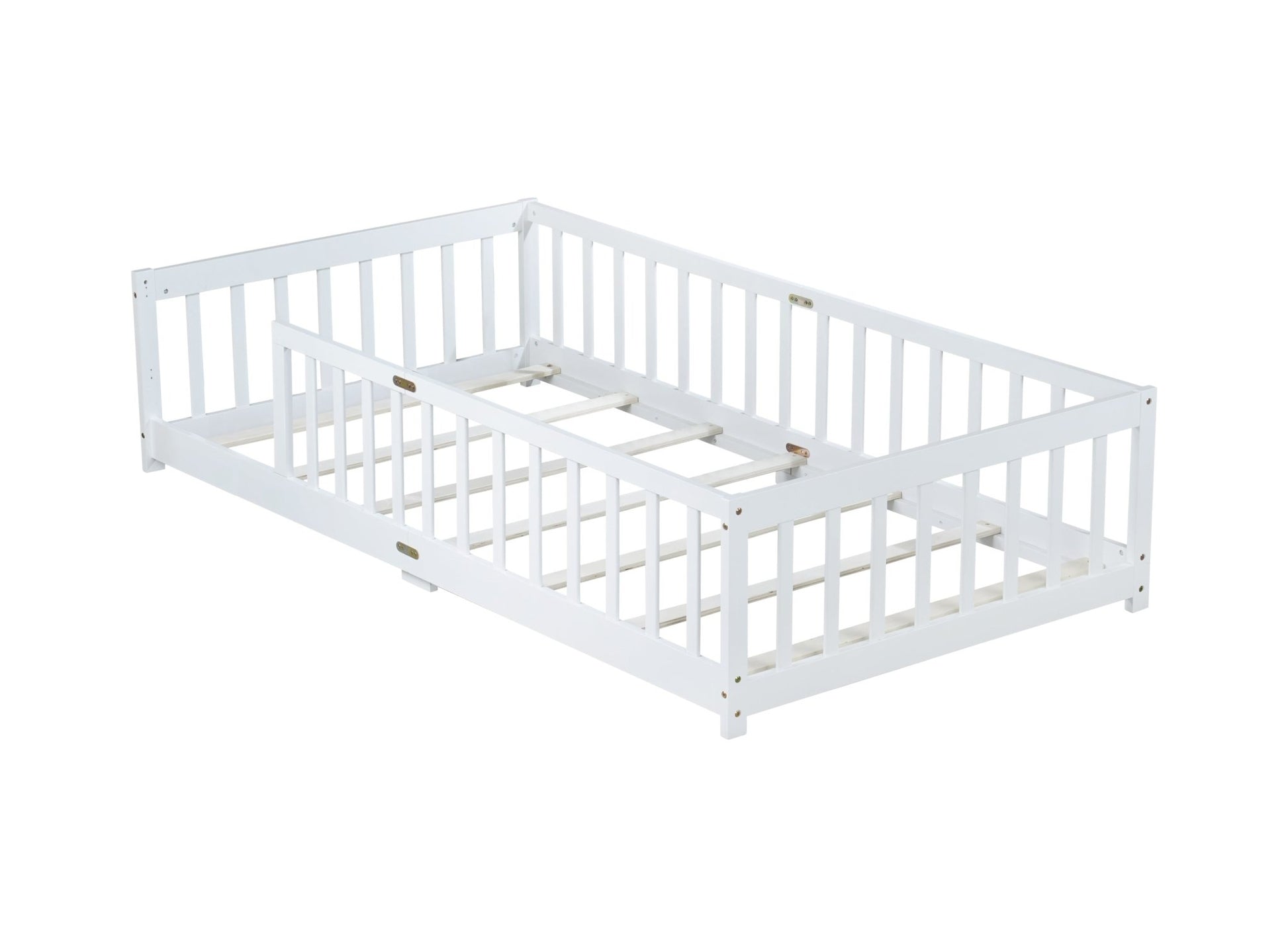 Twin Size Floor Bed with Fence without Door, Rubber Wood Floor Bed with Safety Guardrails,White - 1st Choice Furniture Direct