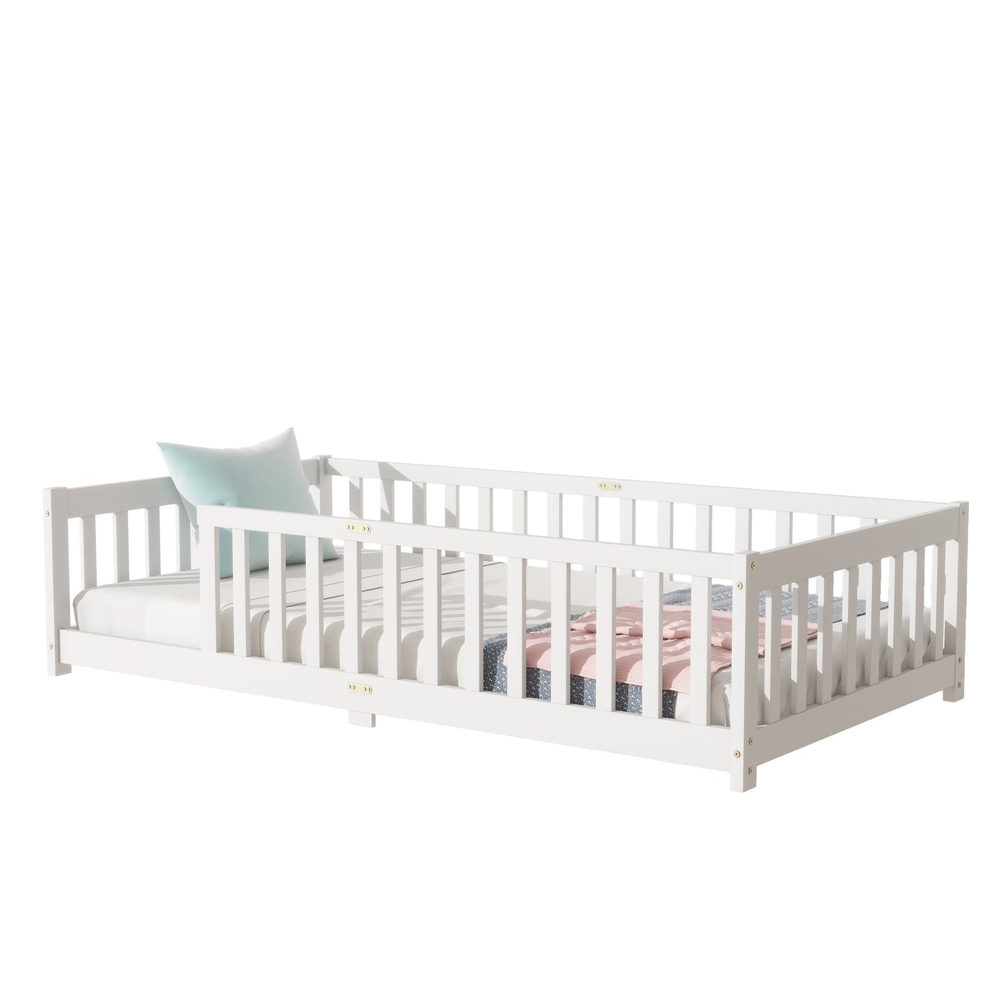 Twin Size Floor Bed with Fence without Door, Rubber Wood Floor Bed with Safety Guardrails,White - 1st Choice Furniture Direct