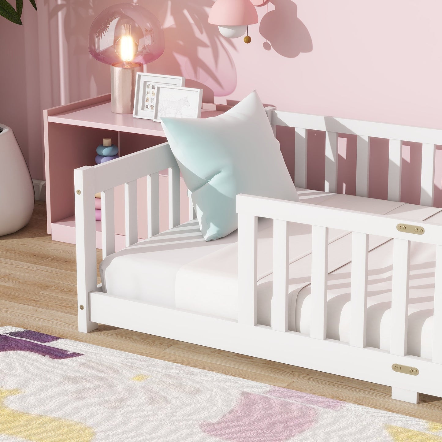 Twin Size Floor Bed with Fence without Door, Rubber Wood Floor Bed with Safety Guardrails,White - 1st Choice Furniture Direct