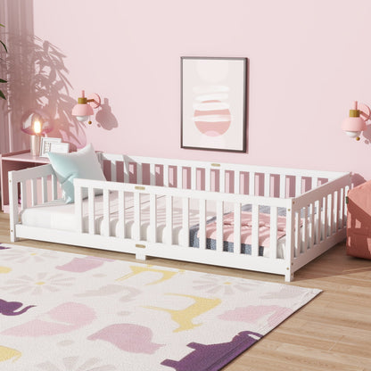 Twin Size Floor Bed with Fence without Door, Rubber Wood Floor Bed with Safety Guardrails,White - 1st Choice Furniture Direct
