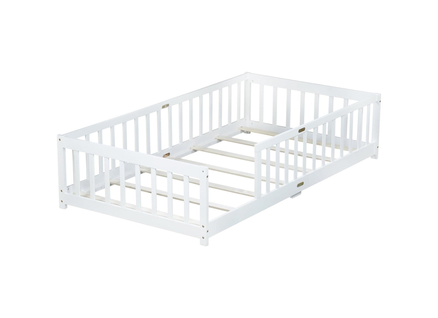 Twin Size Floor Bed with Fence without Door, Rubber Wood Floor Bed with Safety Guardrails,White - 1st Choice Furniture Direct