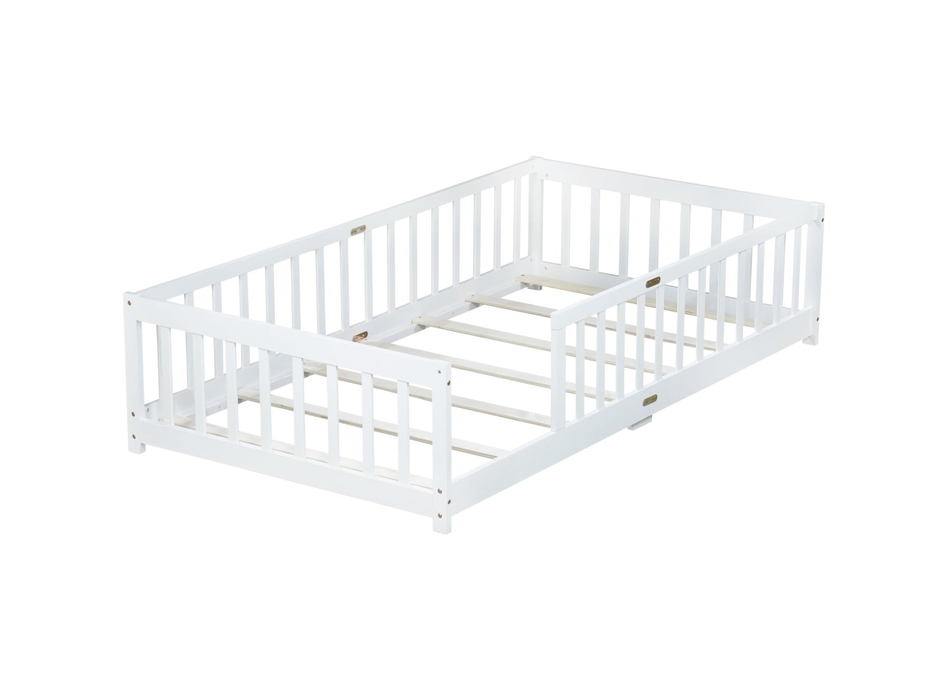 Twin Size Floor Bed with Fence without Door, Rubber Wood Floor Bed with Safety Guardrails,White - 1st Choice Furniture Direct