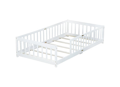 Twin Size Floor Bed with Fence without Door, Rubber Wood Floor Bed with Safety Guardrails,White - 1st Choice Furniture Direct