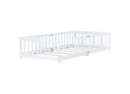 Twin Size Floor Bed with Fence without Door, Rubber Wood Floor Bed with Safety Guardrails,White - 1st Choice Furniture Direct