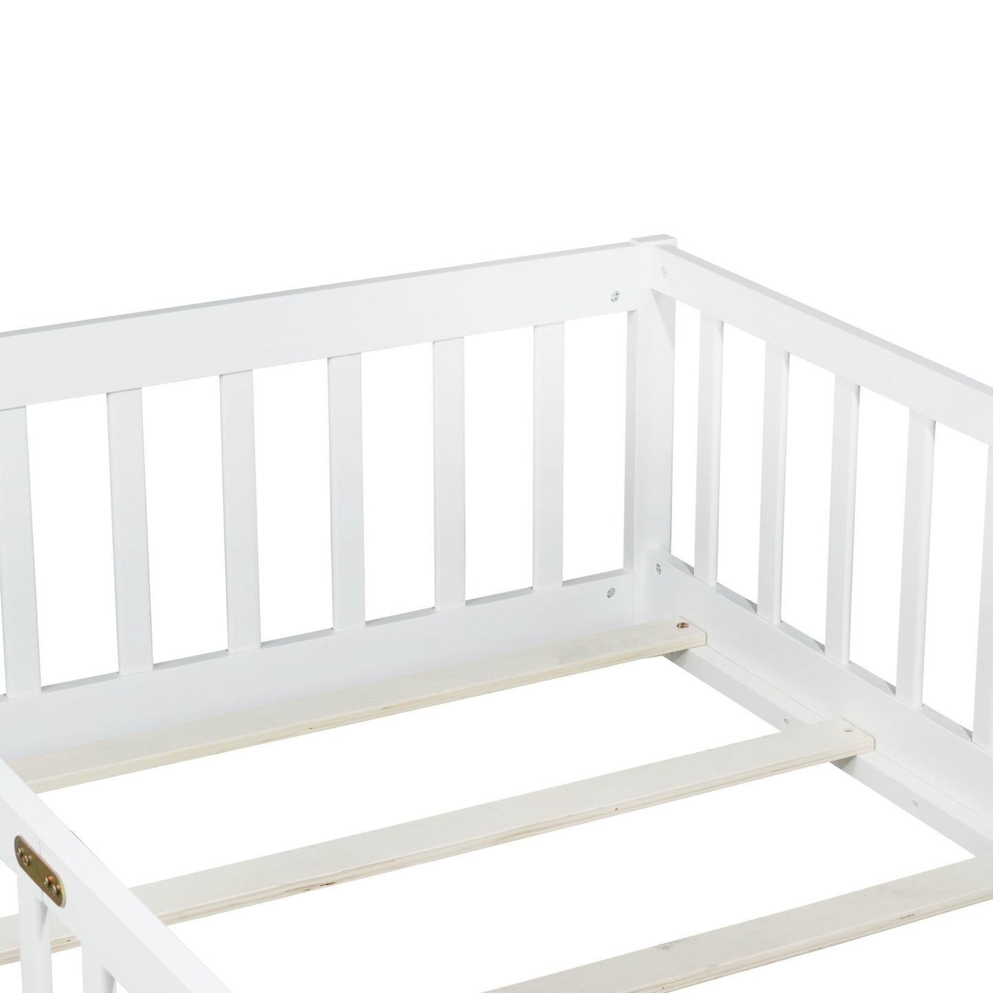 Twin Size Floor Bed with Fence without Door, Rubber Wood Floor Bed with Safety Guardrails,White - 1st Choice Furniture Direct