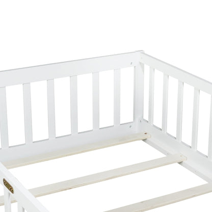 Twin Size Floor Bed with Fence without Door, Rubber Wood Floor Bed with Safety Guardrails,White - 1st Choice Furniture Direct