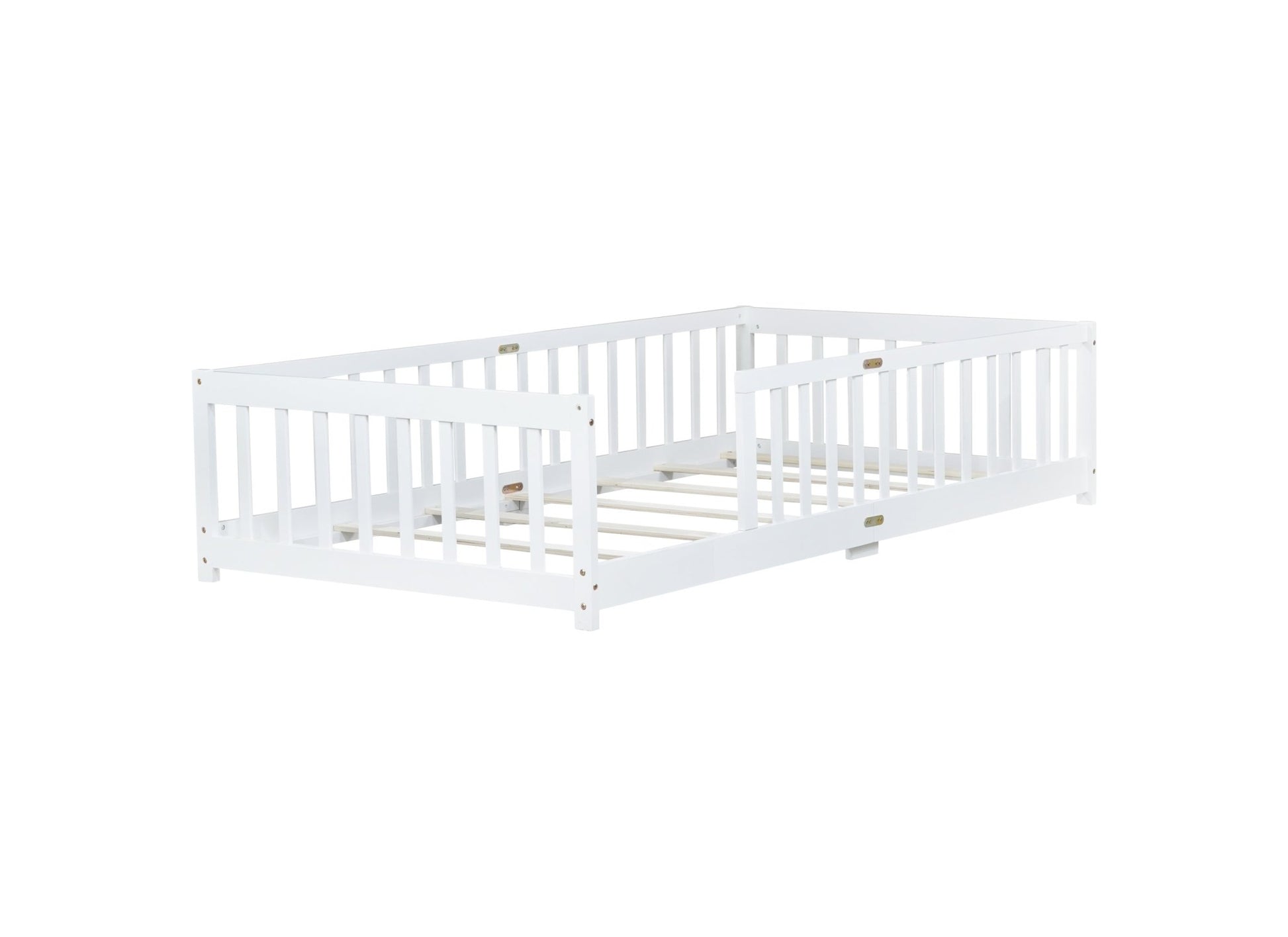 Twin Size Floor Bed with Fence without Door, Rubber Wood Floor Bed with Safety Guardrails,White - 1st Choice Furniture Direct