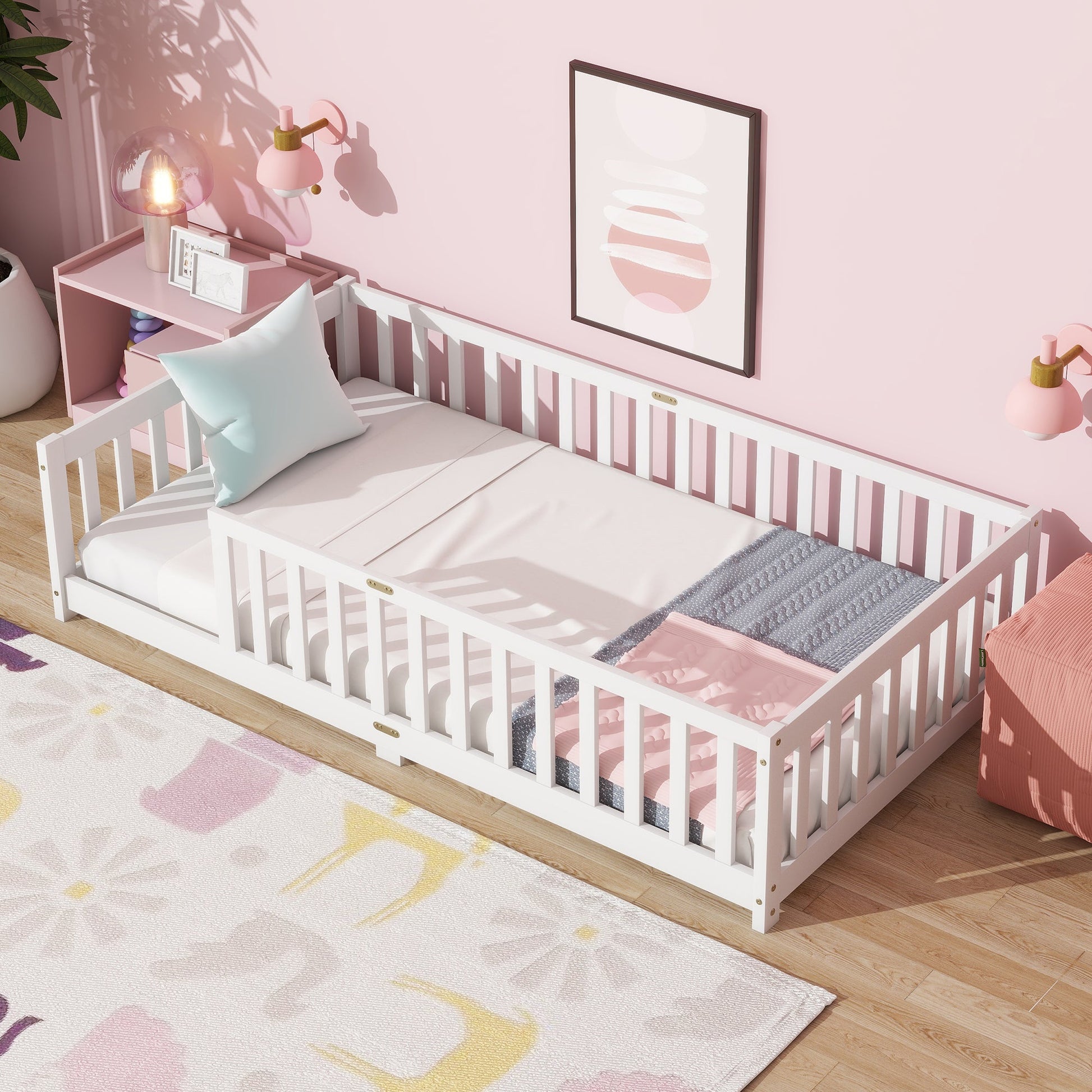 Twin Size Floor Bed with Fence without Door, Rubber Wood Floor Bed with Safety Guardrails,White - 1st Choice Furniture Direct