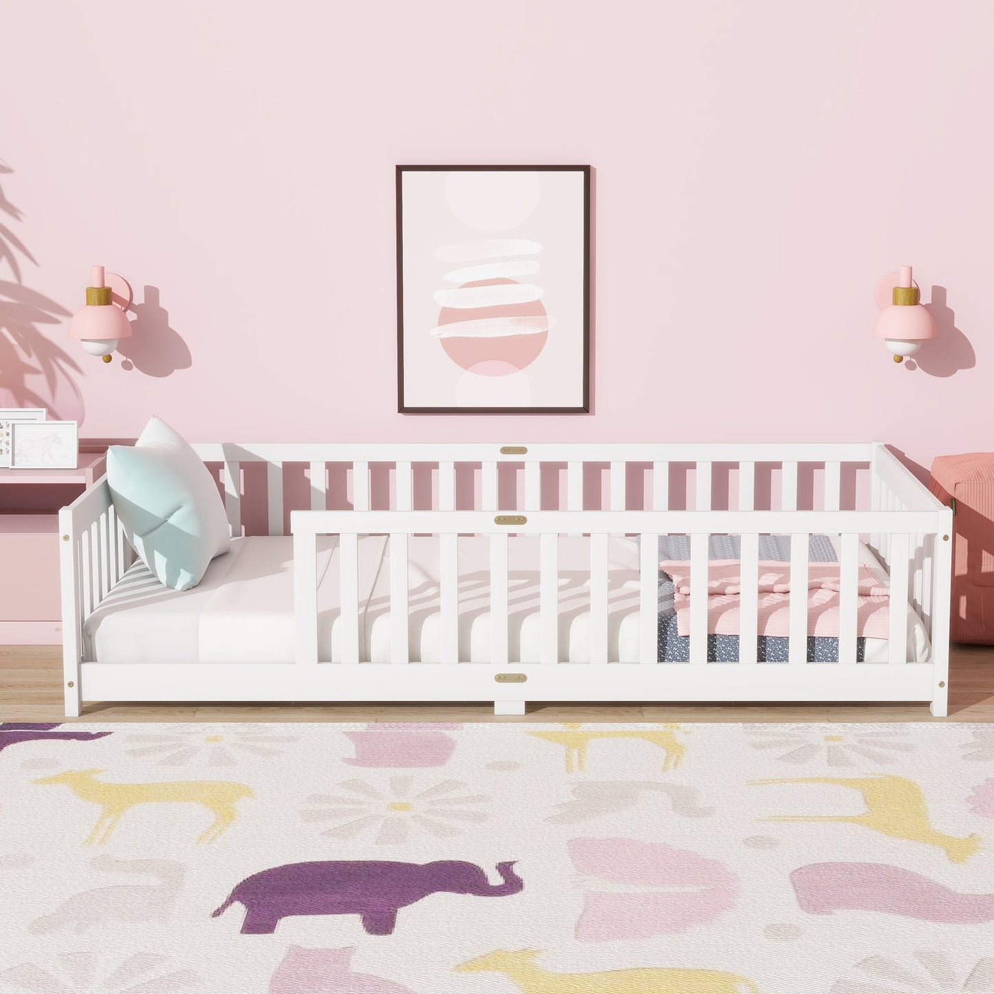 Twin Size Floor Bed with Fence without Door, Rubber Wood Floor Bed with Safety Guardrails,White - 1st Choice Furniture Direct