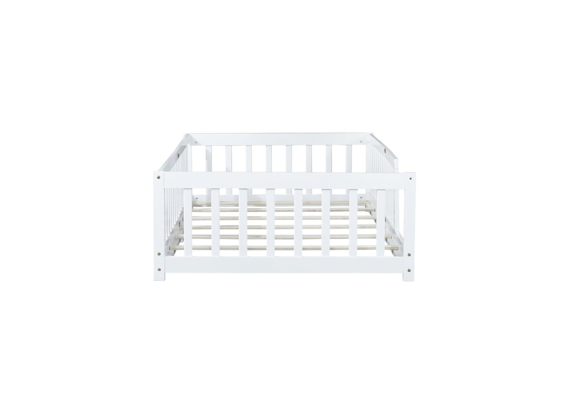 Twin Size Floor Bed with Fence without Door, Rubber Wood Floor Bed with Safety Guardrails,White - 1st Choice Furniture Direct