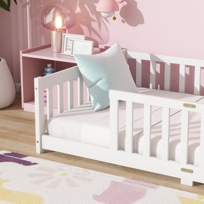 Twin Size Floor Bed with Fence without Door, Rubber Wood Floor Bed with Safety Guardrails,White - 1st Choice Furniture Direct