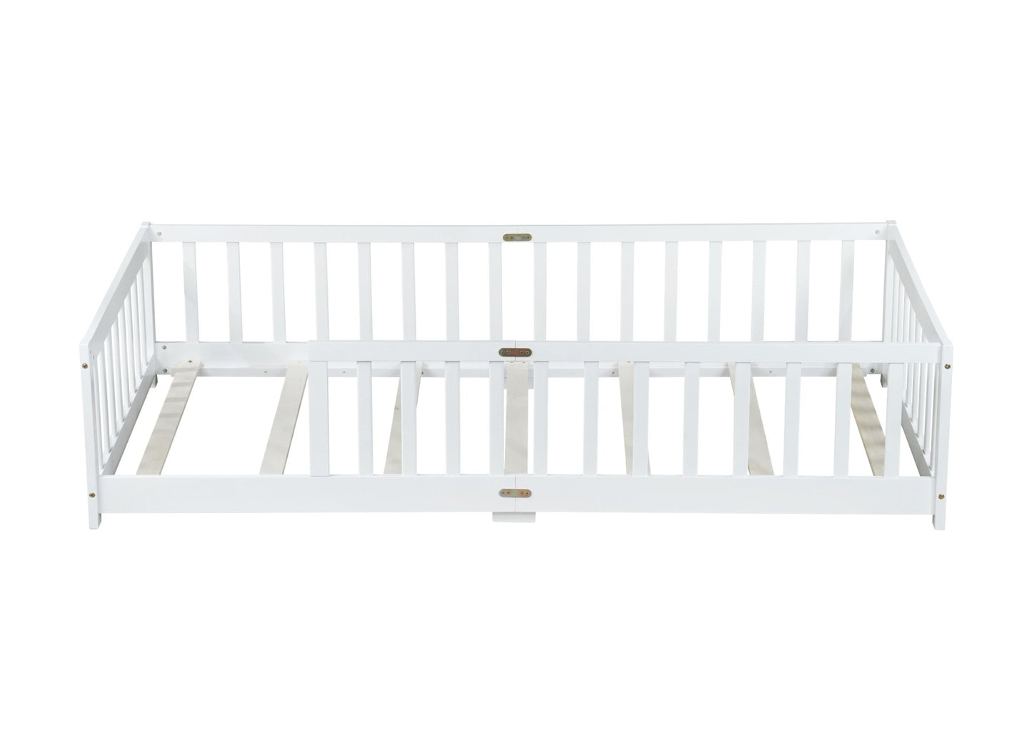 Twin Size Floor Bed with Fence without Door, Rubber Wood Floor Bed with Safety Guardrails,White - 1st Choice Furniture Direct