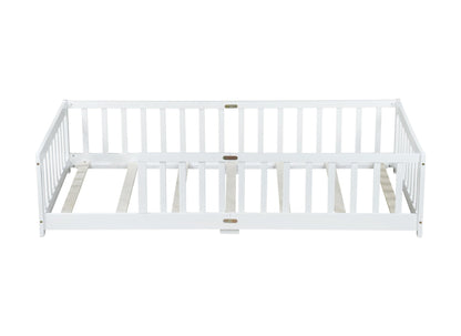 Twin Size Floor Bed with Fence without Door, Rubber Wood Floor Bed with Safety Guardrails,White - 1st Choice Furniture Direct