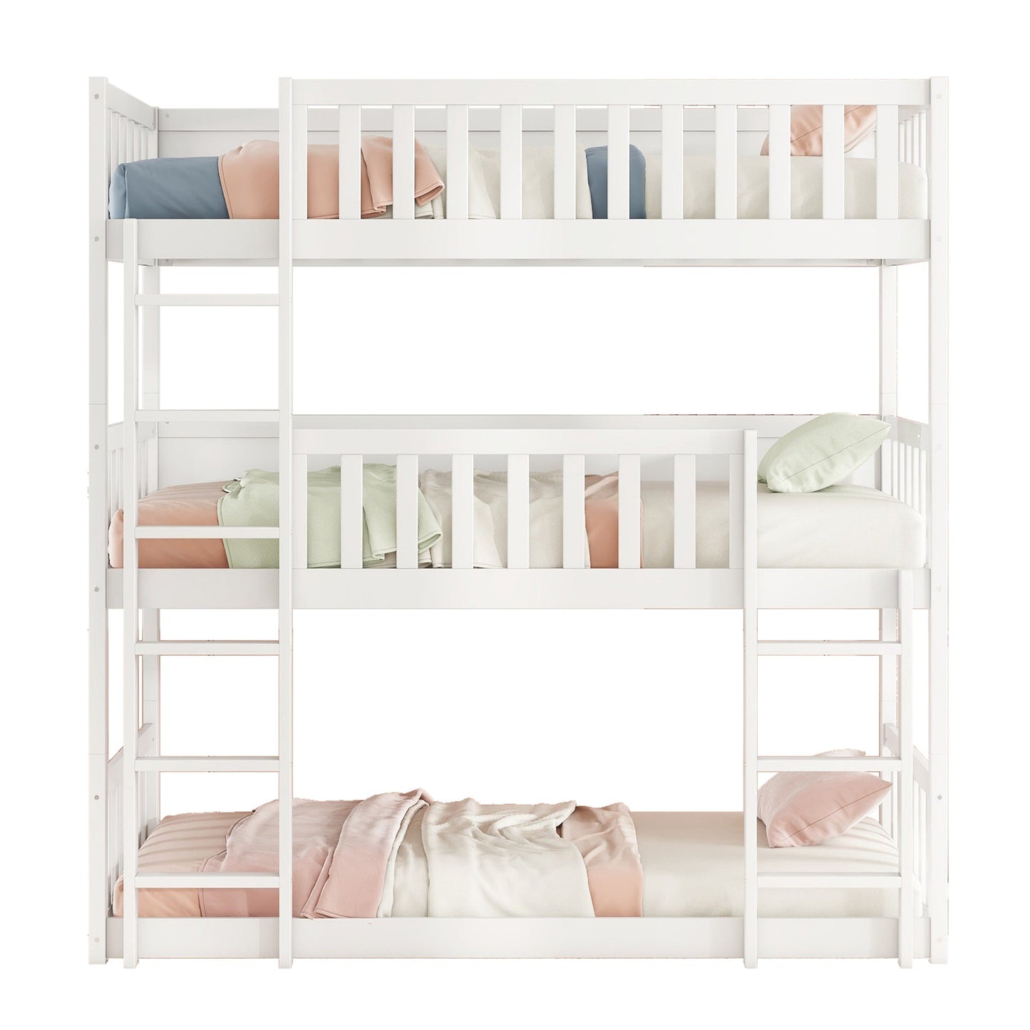 Twin Size Triple Rubber Wood Bunk Bed, with Ladders, Guardrails Detachable Bunk Bed, Twin over Twin over Twin,White - 1st Choice Furniture Direct