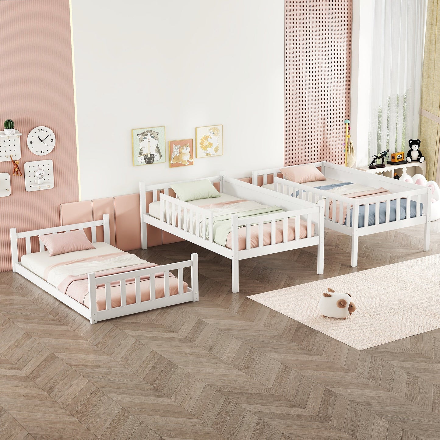 Twin Size Triple Rubber Wood Bunk Bed, with Ladders, Guardrails Detachable Bunk Bed, Twin over Twin over Twin,White - 1st Choice Furniture Direct