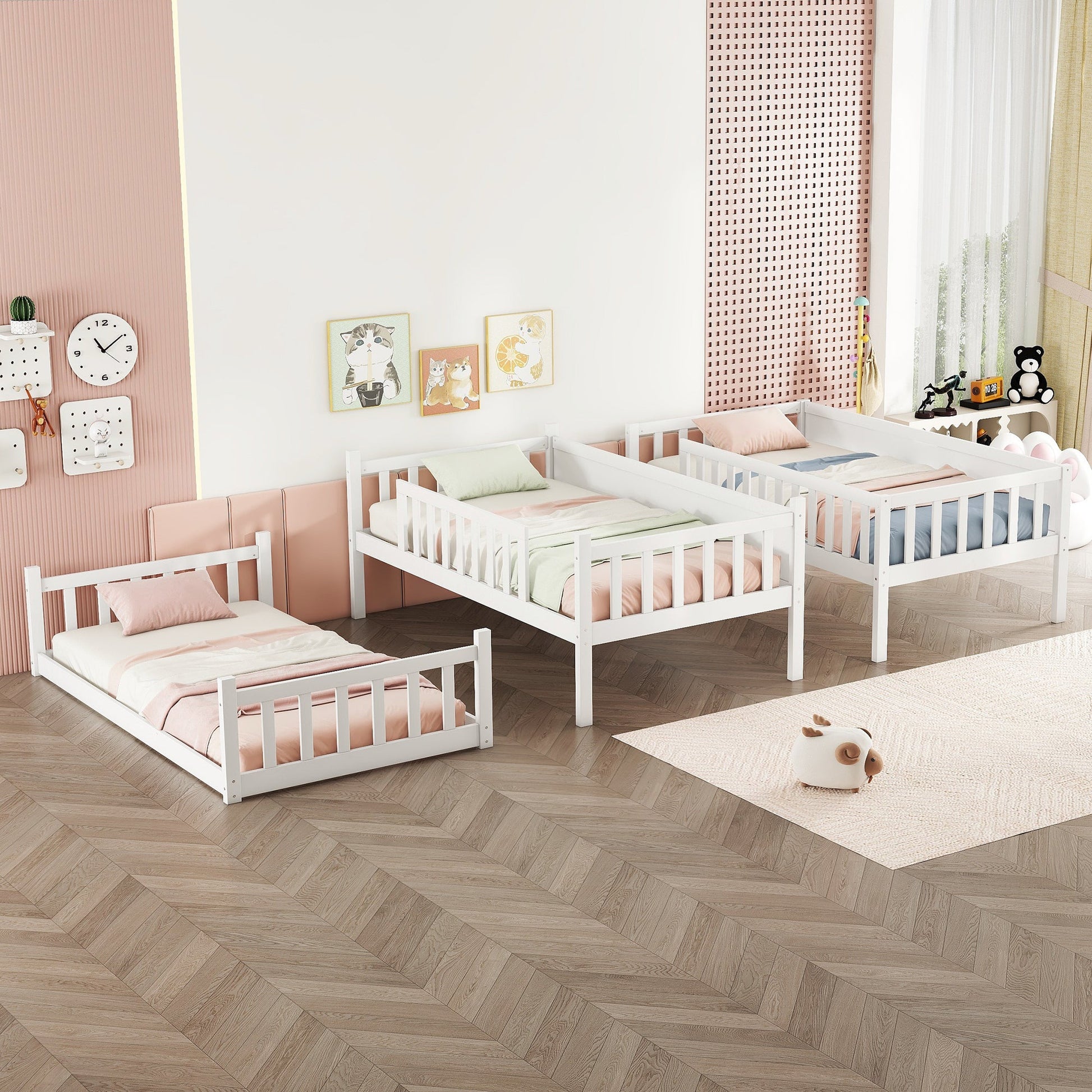 Twin Size Triple Rubber Wood Bunk Bed, with Ladders, Guardrails Detachable Bunk Bed, Twin over Twin over Twin,White - 1st Choice Furniture Direct