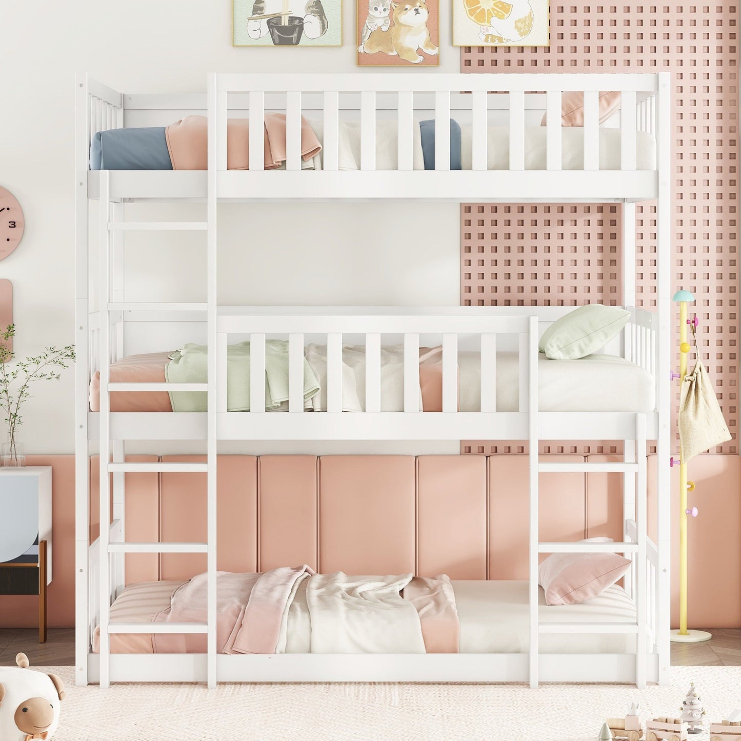 Twin Size Triple Rubber Wood Bunk Bed, with Ladders, Guardrails Detachable Bunk Bed, Twin over Twin over Twin,White - 1st Choice Furniture Direct