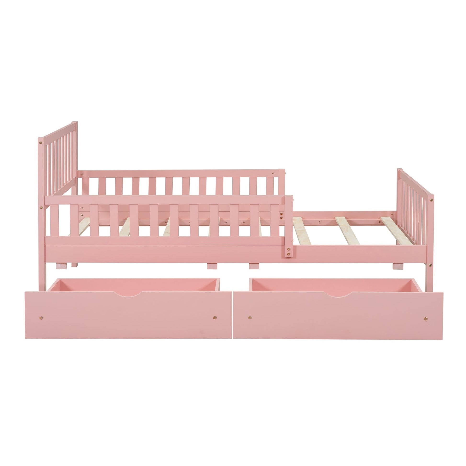 Twin Size Wood Platform Bed with Guardrails on Both Sides and Two Storage Drawers ,Pink - 1st Choice Furniture Direct
