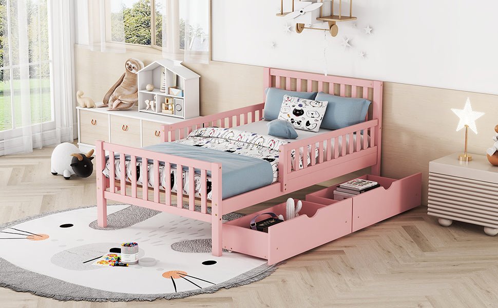 Twin Size Wood Platform Bed with Guardrails on Both Sides and Two Storage Drawers ,Pink - 1st Choice Furniture Direct