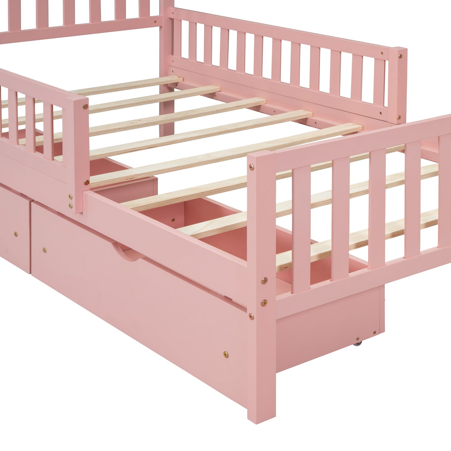 Twin Size Wood Platform Bed with Guardrails on Both Sides and Two Storage Drawers ,Pink - 1st Choice Furniture Direct