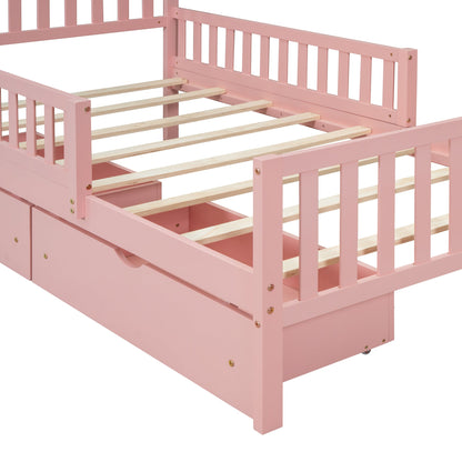 Twin Size Wood Platform Bed with Guardrails on Both Sides and Two Storage Drawers ,Pink - 1st Choice Furniture Direct