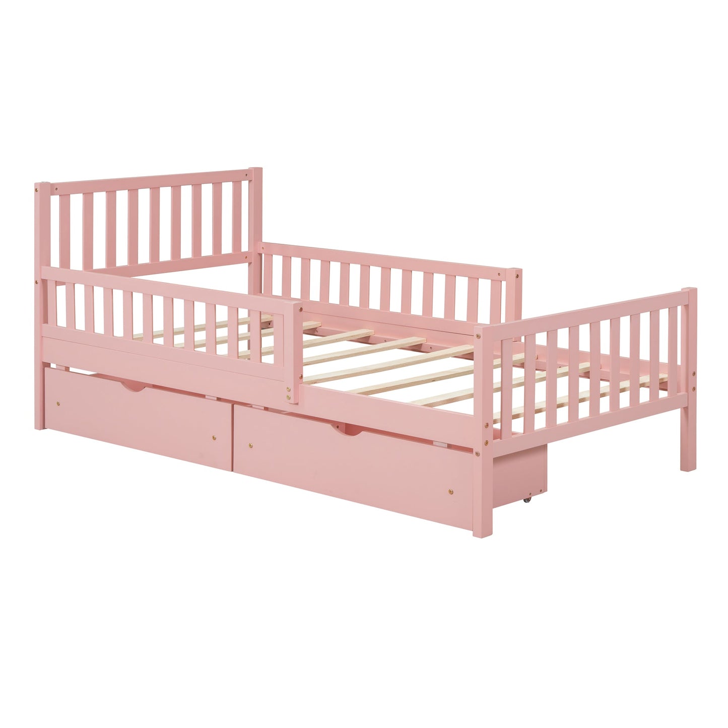 Twin Size Wood Platform Bed with Guardrails on Both Sides and Two Storage Drawers ,Pink - 1st Choice Furniture Direct