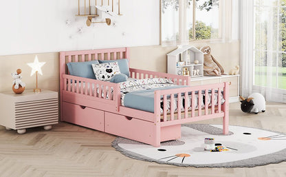 Twin Size Wood Platform Bed with Guardrails on Both Sides and Two Storage Drawers ,Pink - 1st Choice Furniture Direct