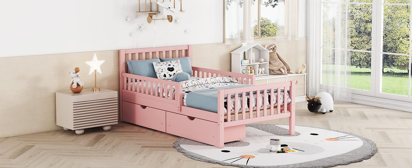 Twin Size Wood Platform Bed with Guardrails on Both Sides and Two Storage Drawers ,Pink - 1st Choice Furniture Direct