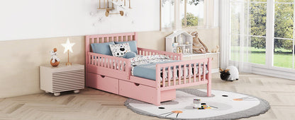 Twin Size Wood Platform Bed with Guardrails on Both Sides and Two Storage Drawers ,Pink - 1st Choice Furniture Direct