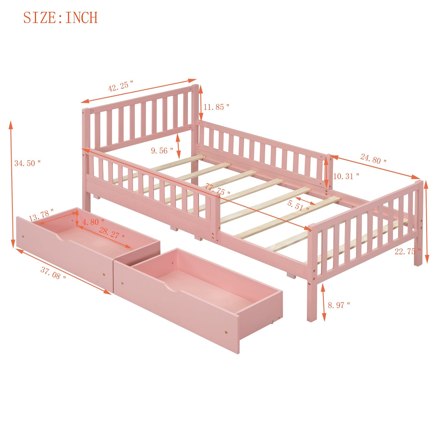 Twin Size Wood Platform Bed with Guardrails on Both Sides and Two Storage Drawers ,Pink - 1st Choice Furniture Direct