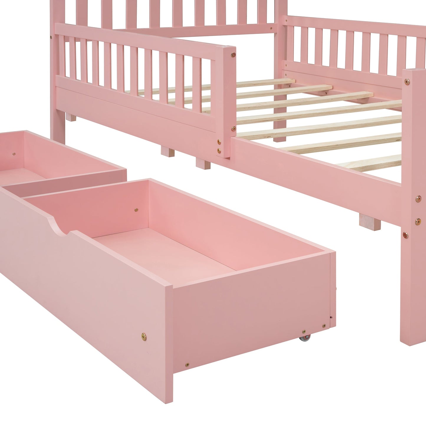 Twin Size Wood Platform Bed with Guardrails on Both Sides and Two Storage Drawers ,Pink - 1st Choice Furniture Direct