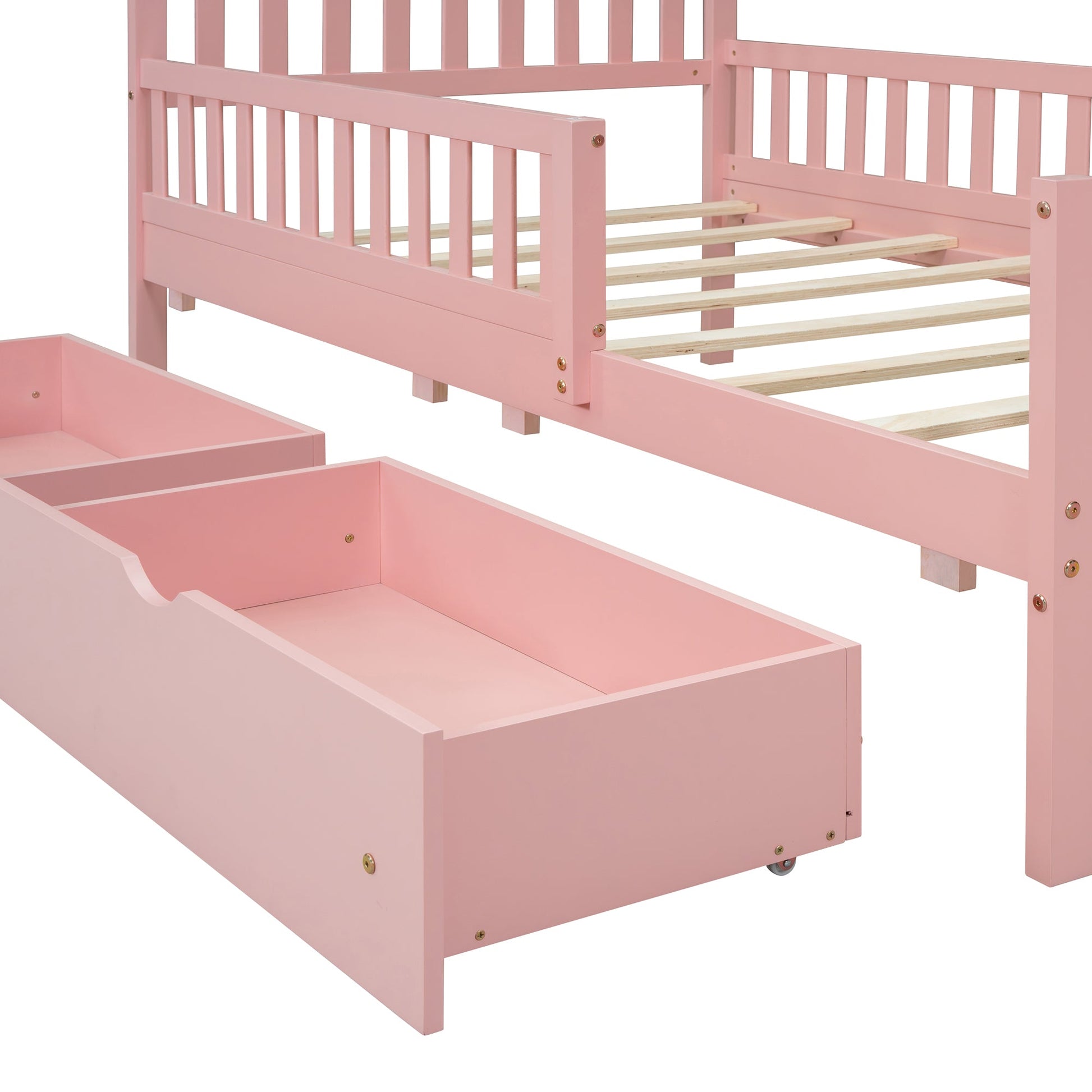 Twin Size Wood Platform Bed with Guardrails on Both Sides and Two Storage Drawers ,Pink - 1st Choice Furniture Direct