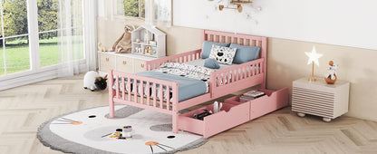 Twin Size Wood Platform Bed with Guardrails on Both Sides and Two Storage Drawers ,Pink - 1st Choice Furniture Direct