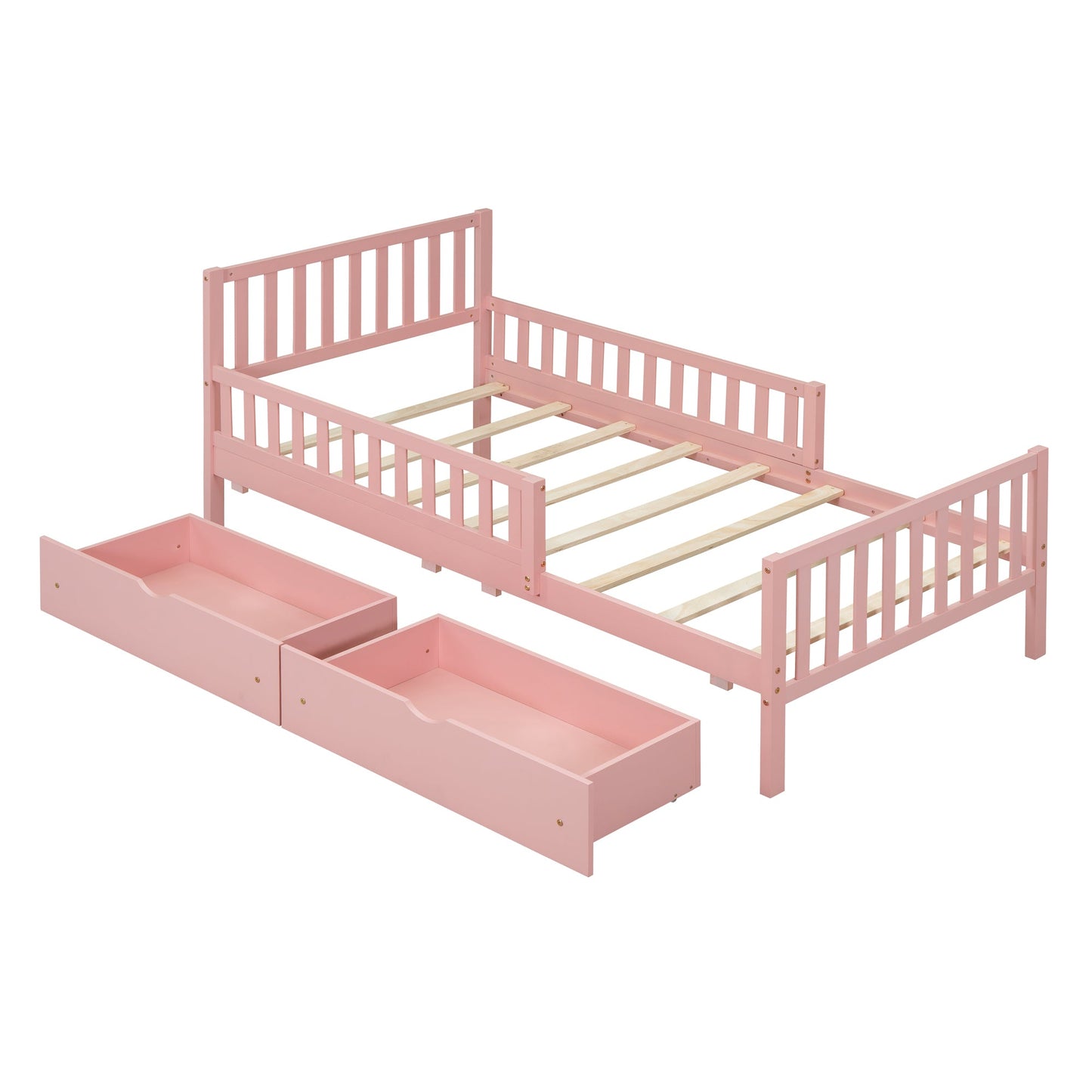 Twin Size Wood Platform Bed with Guardrails on Both Sides and Two Storage Drawers ,Pink - 1st Choice Furniture Direct
